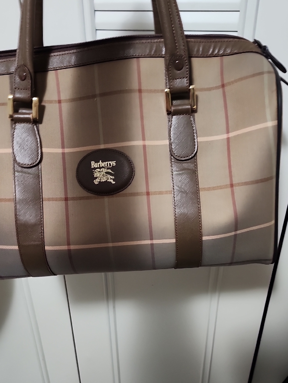 Burberrys Vintage Beige Plaid Satchel Handbag with Brown Trim